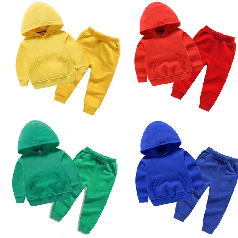 Conyson Cotton Lovely Children Plain Solid Color 2pcs Set Fashion Custom wholesale hoodies LOGO Tracksuit Child Clothing Set
