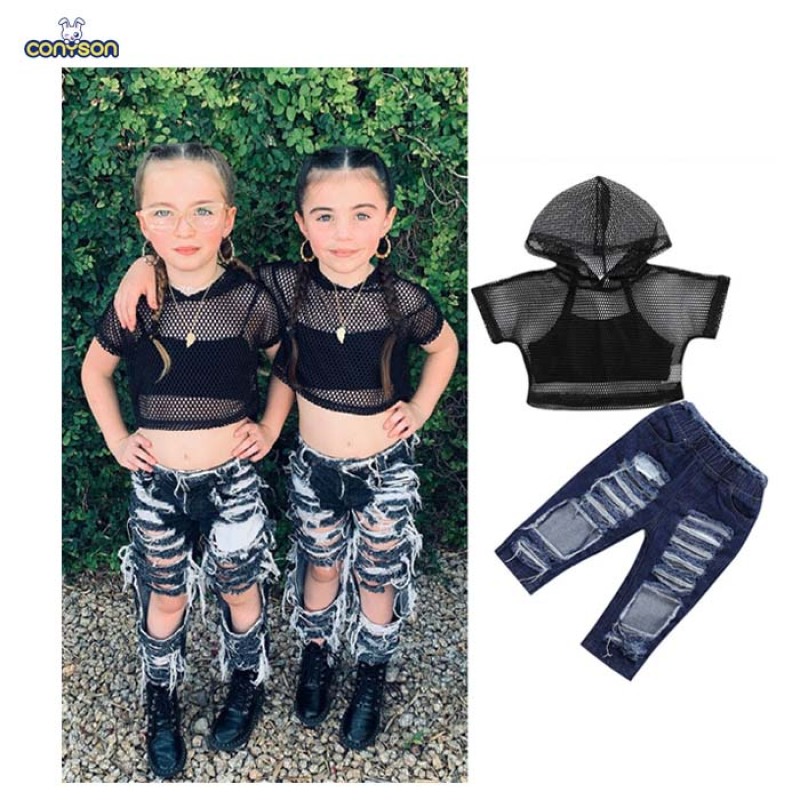 Conyson Girls Clothes Suits Short Sleeve Hoodie Mesh Hollow Out Sweats Black Vest Ripped Jeans Long Pants 3pcs Girl Tracksuits