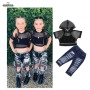 Conyson Girls Clothes Suits Short Sleeve Hoodie Mesh Hollow Out Sweats Black Vest Ripped Jeans Long Pants 3pcs Girl Tracksuits