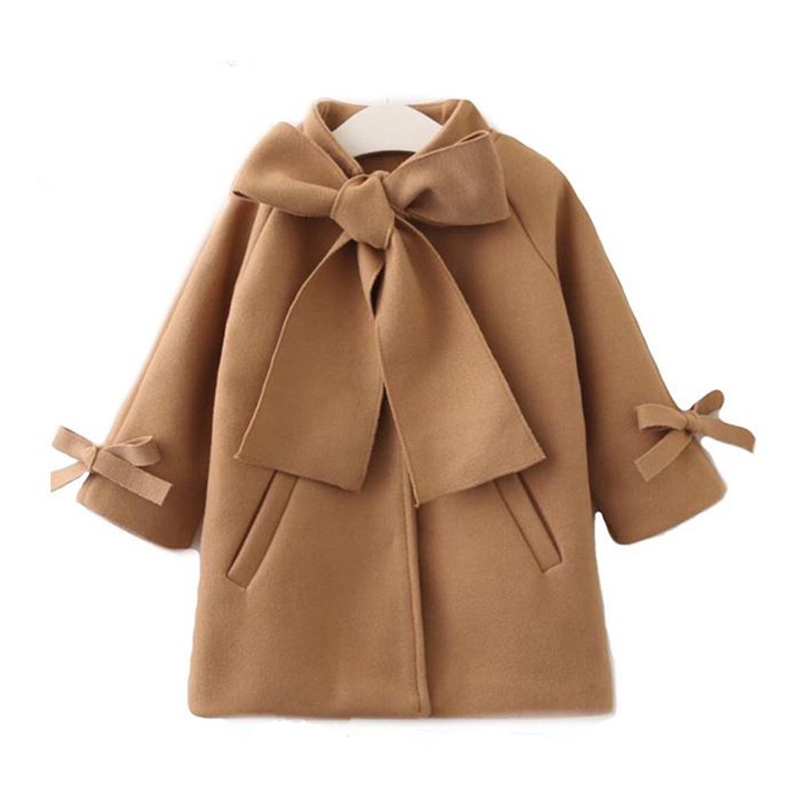 Comyson Wholesale Warm Wear Solid Midi Children's Girl Jacket Korean Essential Bow Elegant Kids Girls Long Sleeve Dust Coat