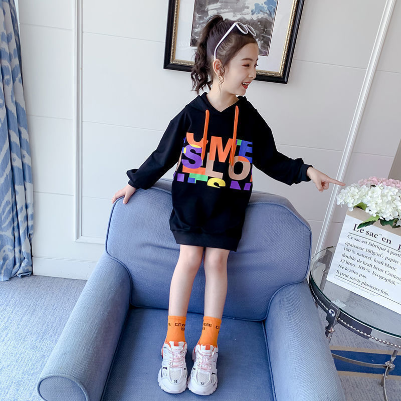 Conyson New Designer Letter Printed Kids Hoodies Clothes Casual Cute Teen Long Black Hoodies Sweatshirt Dress For Teenager Girls