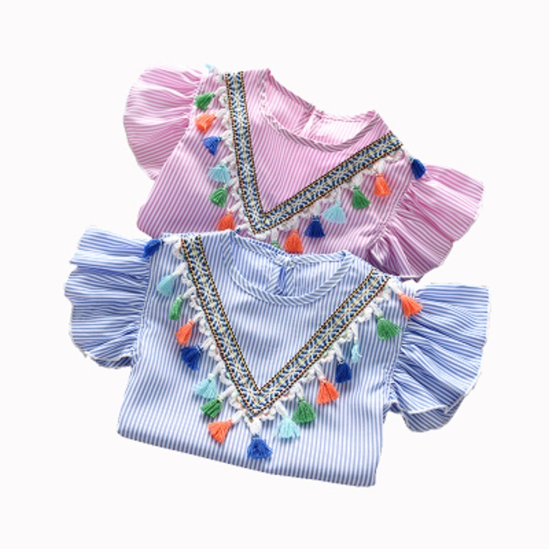 wholesale 2021 Summer Popular striped Round neck Ruffle Fly Sleeve parent-child clothes baby Girls Tassel Dress