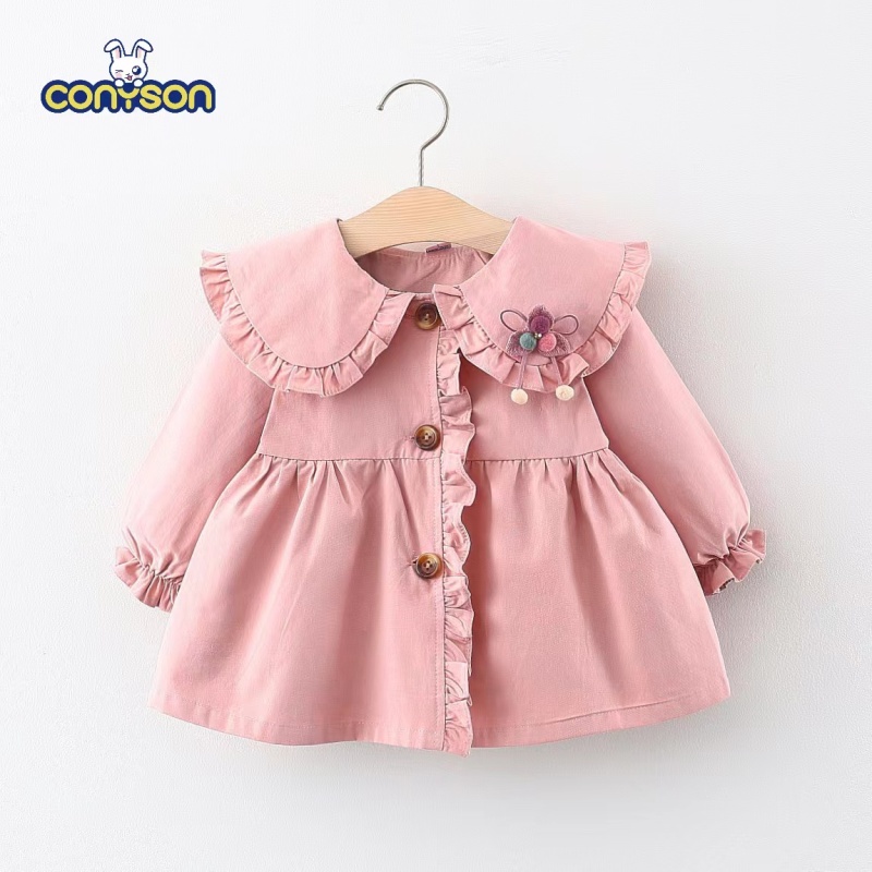 Conyson Infant Girls Solid Cute Coat Button Long Sleeves Baby Clothing Flower Dress Litter Princess Boutique Jacket