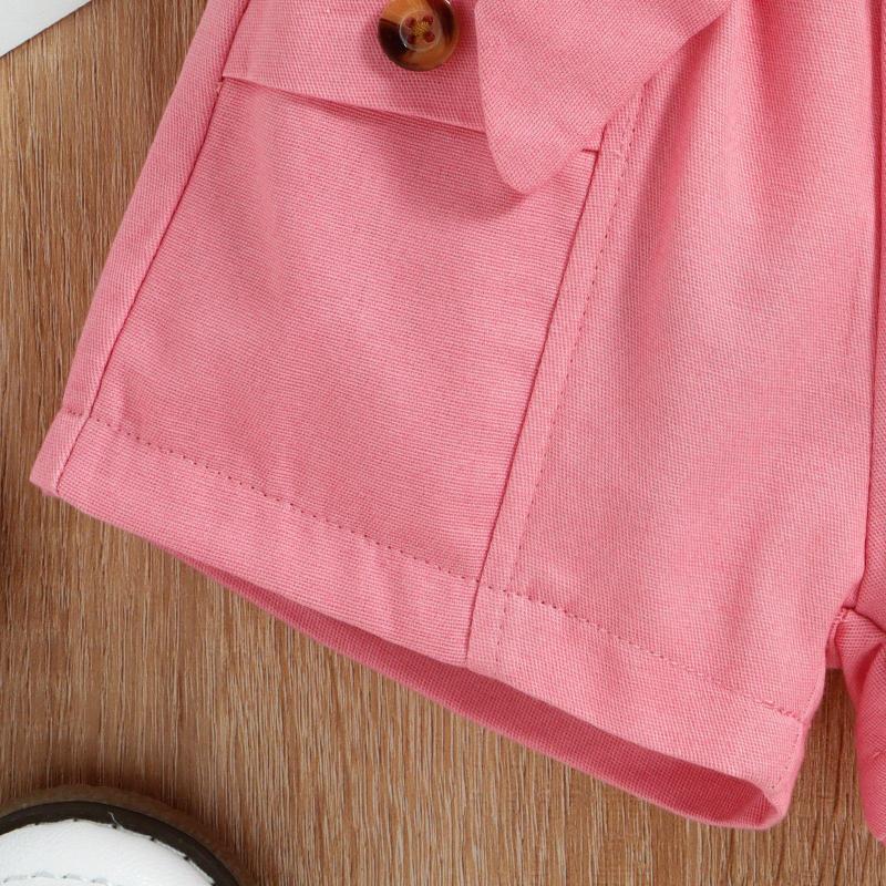 Conyson Hot Sale Girls Fashion Summer Europe Style Sleeveless V-Neck Cotton Pocket Polo Shirt Strip with bow 2 Pcs Girls Set