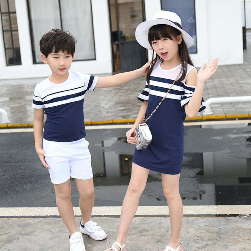 2020 Hot Sale Striped Knitted Short Sleeve T Shirt Parent-Child Outfit Family Matching Clothing Sets