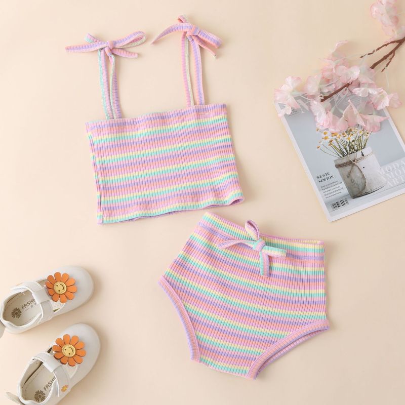 Conyson Hot Sale Ins Fashion Kids Clothes Outwear Summer New Rainbow Stripe Suspender +Shorts 2Pcs Baby Girls Clothing Set
