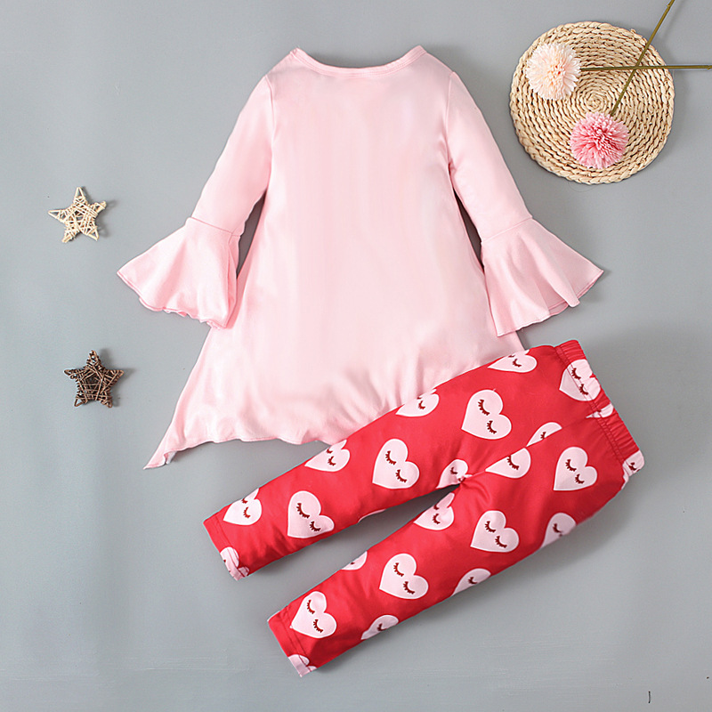 Conyson European Valentine's Day Spring Autumn Horn Long Sleeve Top+ Pant Heart Print 2Pcs Kid Clothes Baby Girls Clothing Set