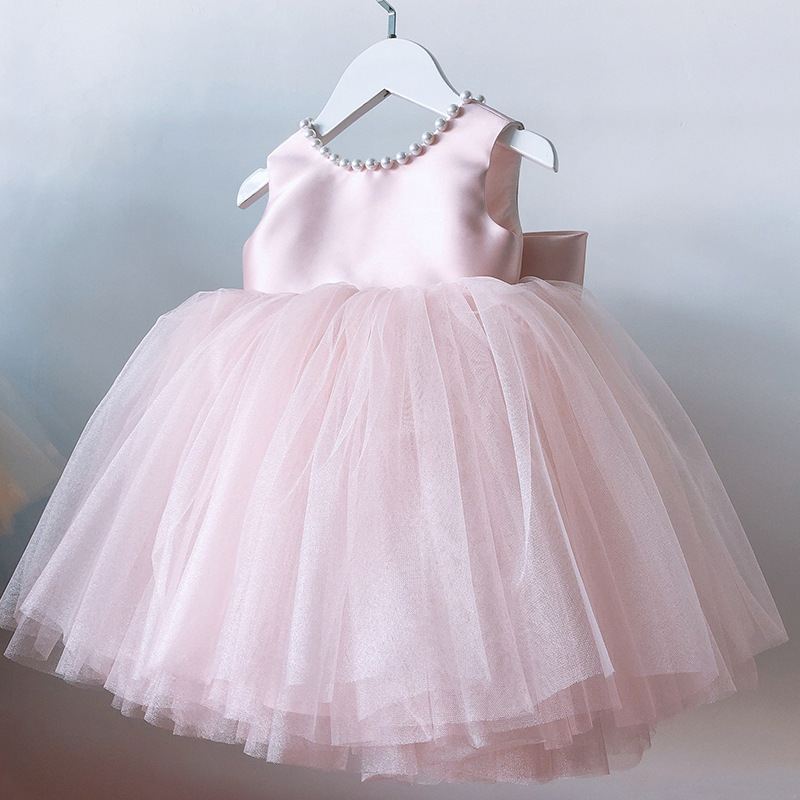 Conyson Kids Gown Birthday Pageant Party Pearls  With Big Bowknot Formal Tulle Skirt Piano Show Even Girls Baby Princess Dress