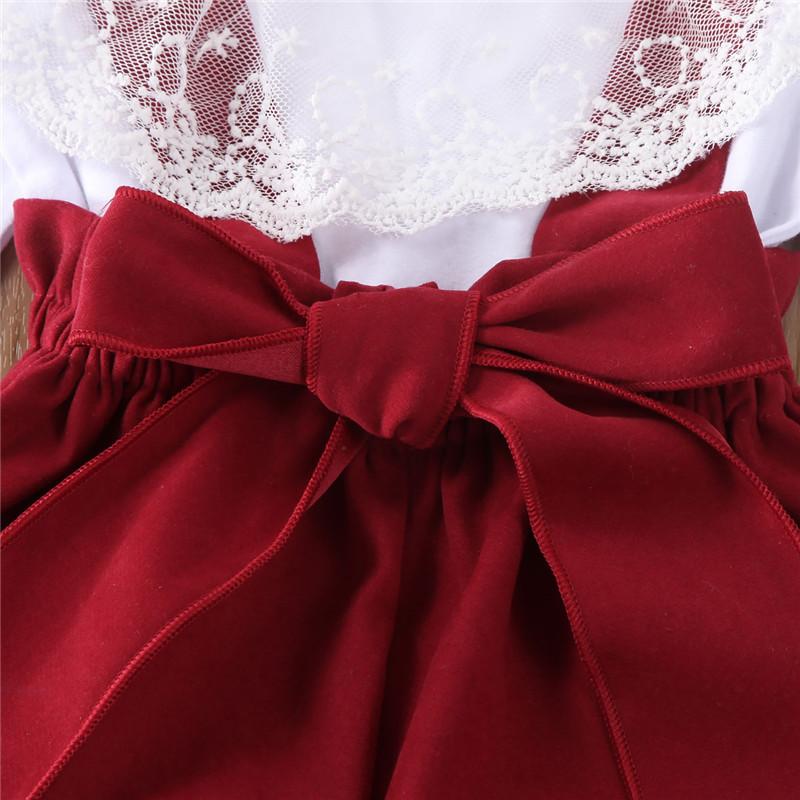 Comyson Spring Infant Baby Girls Yarn Lotus Lace Round Neck Blouse+Strap Bowknot Lantern Shorts Children Girls Clothing Set