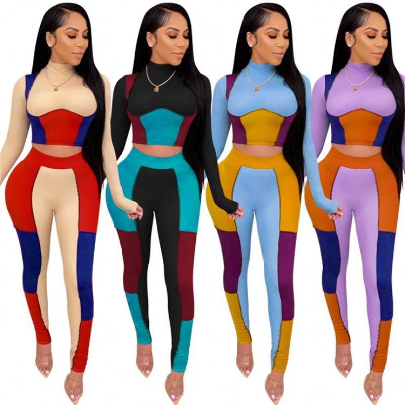2022 Women Spliced Midriff Baring Top Sets Skinny Shirt Pencil Pants Two Piece Outfits Solid Color Sports Home Suit