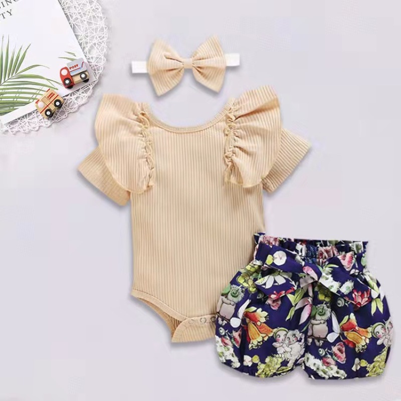 Conyson Wholesale 2021 Summer Rompers Outfits Girls Sets Summer Boutique Knitted Floral Patterns Baby Girl Clothes Set