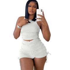 Bulk New Design Shirring 2 Piece Set Workout Summer 2023 Puff Short Cozy Women Jogger Matching Street Sets Women Sexy  Sets