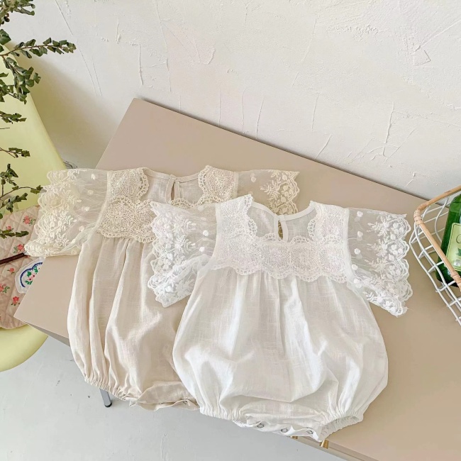 Conyson Wholesale Custom Cute Soft Toddler Clothes New Born Cute Baby Summer Girls Lace Cotton Short Sleeve Baby Girl Rompers