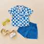 Conyson Summer Casual Kids Boys Clothes Sets Plaid Printed Short Sleeve Single Breasted Shirts+Shorts Patchwork Children Outfit