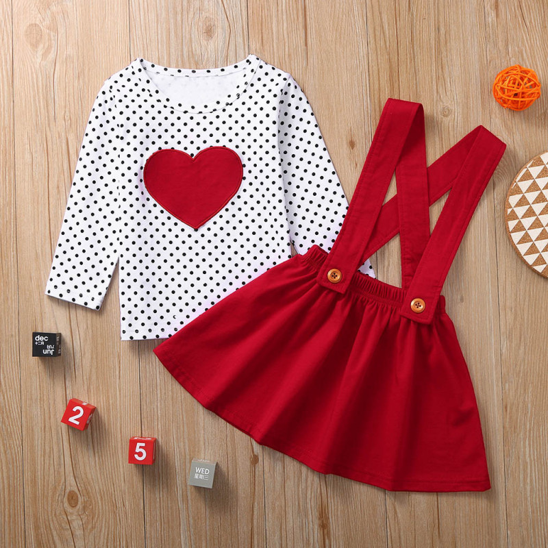 Conyson Wholesale New Designer Valentine's Day Kids Gift Clothes Long Sleeve Dots Tops+Halter Layered Kids Girls Clothing Set