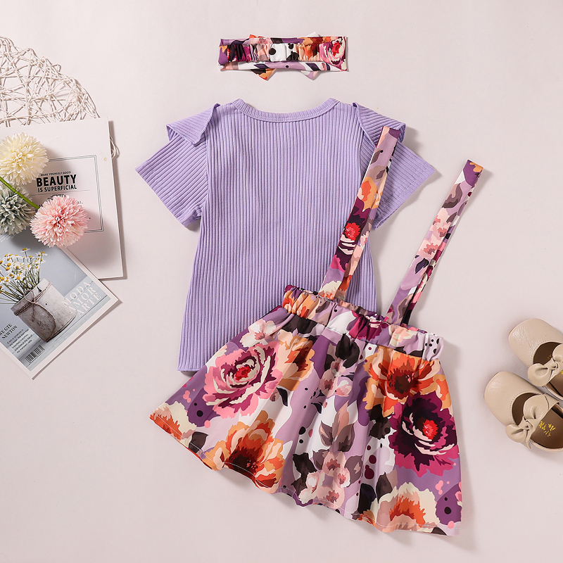 Conyson Wholesale Hot Fashion Summer Kids Girls Clothes Sets Ruffles Fly Sleeve Solid T Shirts+Floral Suspender Skirt Headband