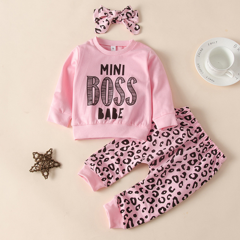 Casual Fashion Solid Color Letter Round Neck Girls Leopard Clothing Kids 3 Piece Little Girl Outfit Sets