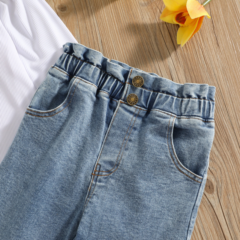 Conyson Spring Fall Custom 2Pcs Outfits Puff Sleeve+Denim Pants Cute Kids Casual Wear Girls Clothing Sets