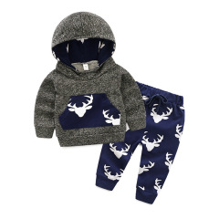 Autumn Winter Newborn Baby Cartoon 2pcs Outfit Christmas Elk Pullover Hooded Sweater And Trousers Baby Boys Cotton Clothes