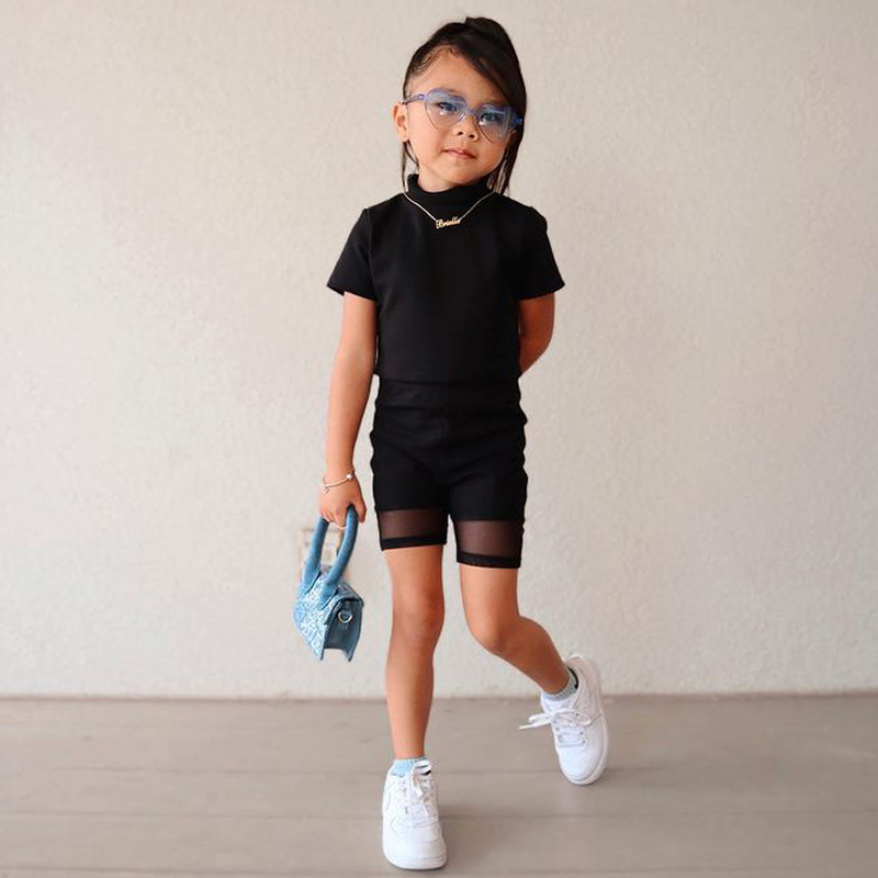 Conyson Hot Sale Kid Clothes Summer New Short Sleeves Black Solid Lace Top Shorts 2Pcs Fashion Children Causal Custom Outfit