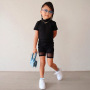 Conyson Hot Sale Kid Clothes Summer New Short Sleeves Black Solid Lace Top Shorts 2Pcs Fashion Children Causal Custom Outfit