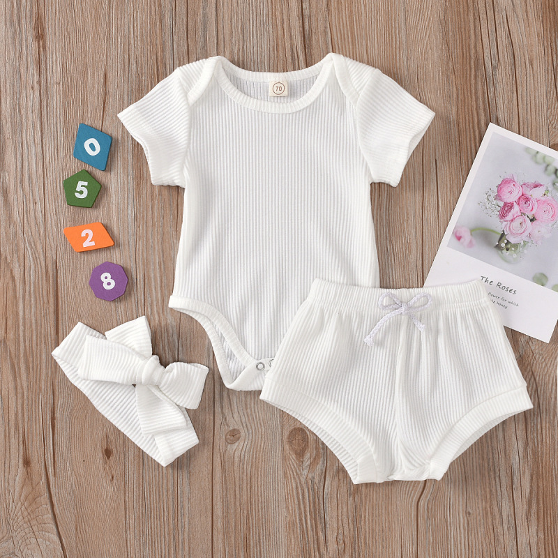 Conyson Hot Sale New Designer Baby Girls Clothes Outfits Cotton Summer Kids Short Sleeve T-Shirts+Shorts+Headband Clothing Set