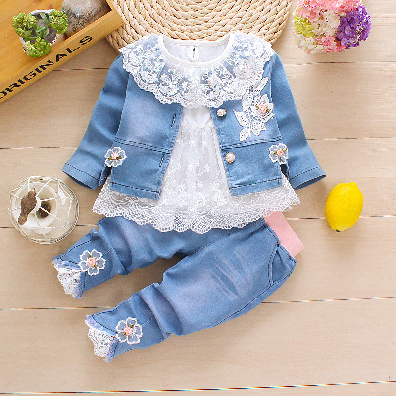 Elegant Baby Girls' Clothing Sets Children'S Suit Floral Lace 3 Pieces Jeans Cotton 3 Years Newborn Baby Girls Clothes Set