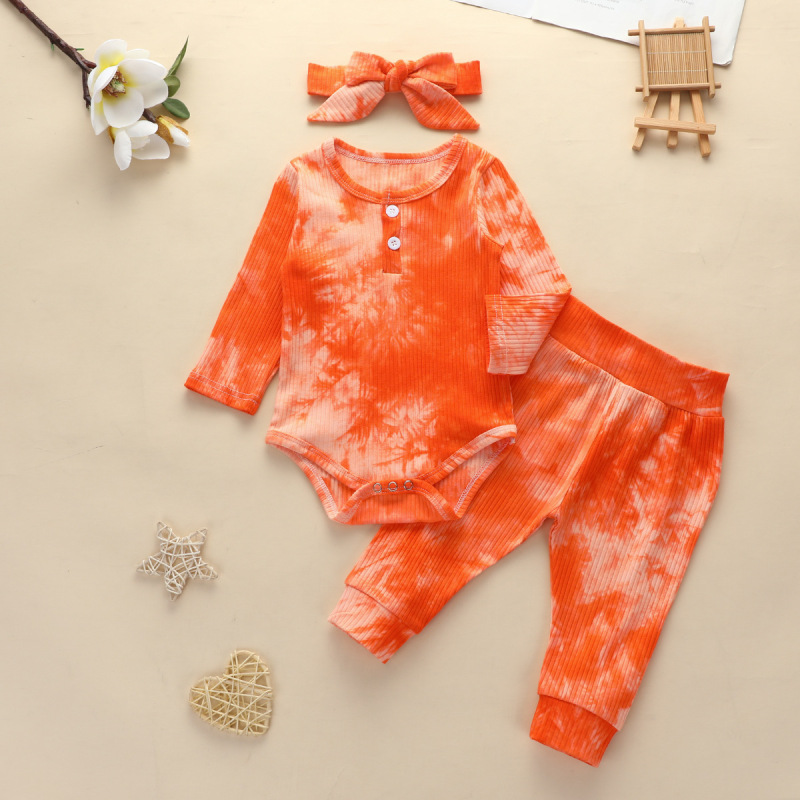 Conyson Wholesale Kids Clothes Spring Long Sleeve Tie -dye Pullover Pants with Headband Unisex 3Pcs Toddler Baby Clothing Set