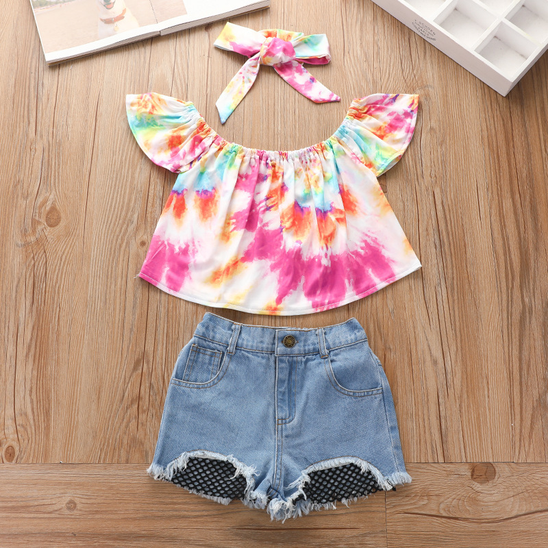 Conyson Wholesale Hot Sale Summer Kids Clothes Tie-dyed Print Fantasy Short Sleeve Pullover Denim Shorts Headband 3pcs Sets Kids