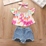Conyson Wholesale Hot Sale Summer Kids Clothes Tie-dyed Print Fantasy Short Sleeve Pullover Denim Shorts Headband 3pcs Sets Kids