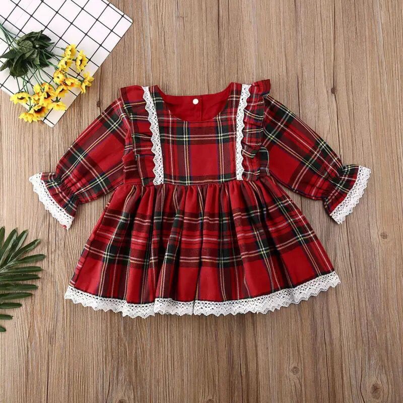 Christmas Girls Red Dress Toddler Baby Kid Girls Lace Ruffles Tutu Party Dress Plaid Xmas Costumes Children Clothes