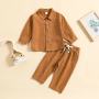 Conyson Autumn Boys' Solid Color Cotton Linen Stand up Collar Casual Comfortable Long Sleeve Trousers Two piece