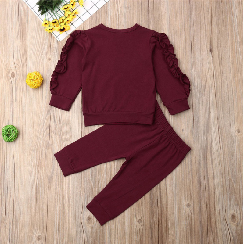 Custom Logo Girl Clothing Solid Colors Ruffles Pleated Long Sleeve Tops Pants Two Piece Outfits Cute Pajamas Sleepwear Sets