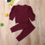 Custom Logo Girl Clothing Solid Colors Ruffles Pleated Long Sleeve Tops Pants Two Piece Outfits Cute Pajamas Sleepwear Sets