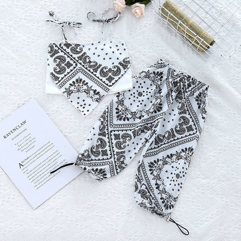 Conyson Wholesale Hot Fashion Kids Clothes Summer Sleeveless Off Shoulder Printed Halter Vest Tops Geometric Casual Pants Sets