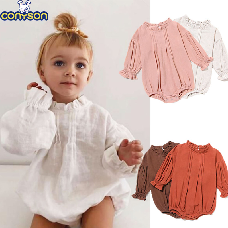 Conyson Wholesale New Kids Baby Clothes Spring Summer Long Sleeve One-piece Solid Linen Baby Girls Jumpsuit Colorful Rompers