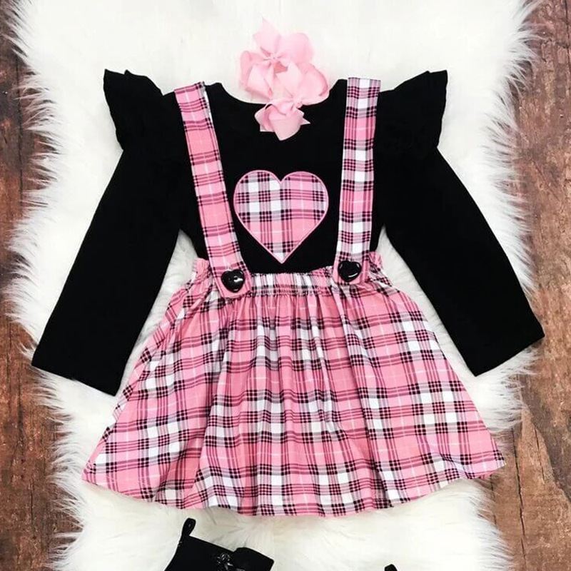 Conyson Wholesale New Designer Valentine's Day Kids Gift Clothes Long Sleeve Dots Tops+Halter Layered Kids Girls Clothing Set