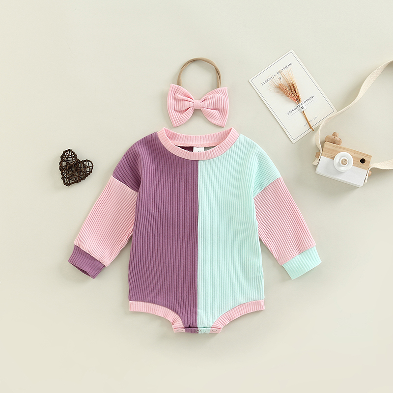 Conyson New Style Girl Baby Clothing Patchwork Jumpsuits Knitted Sweater Button Romper Suits Cute Infant Ribbed Playsuit