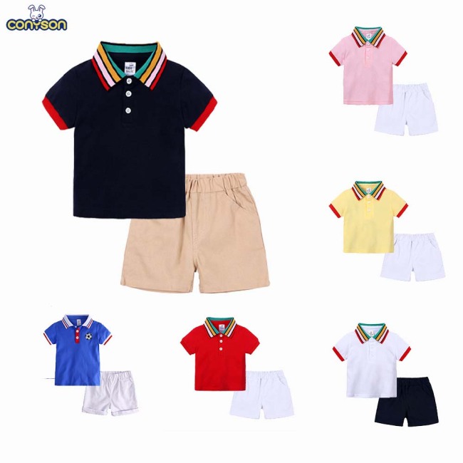 Conyson High Quality Rainbow Polo Button Boutique Shirt And Pants Suit Children Baby Boy Clothing Set Children Boys Shorts Suit