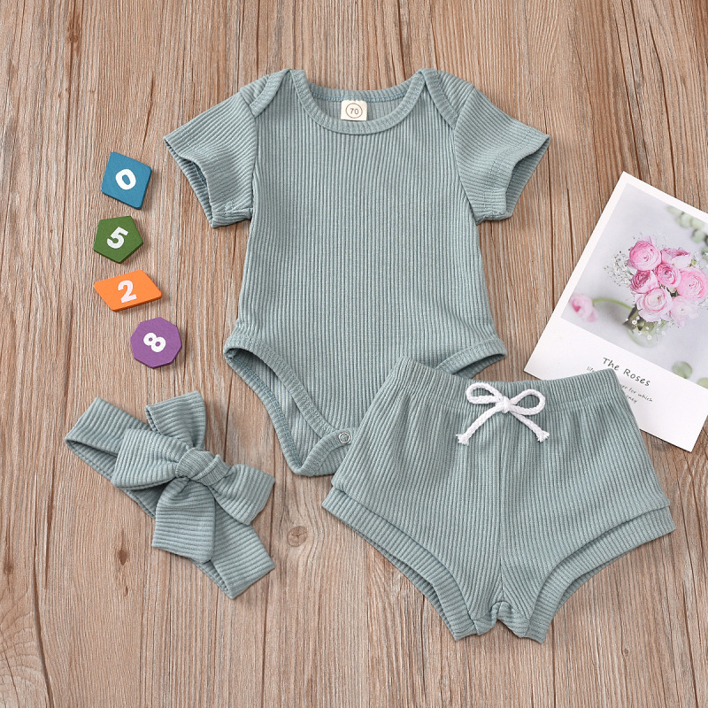 Conyson Hot Sale New Designer Baby Girls Clothes Outfits Cotton Summer Kids Short Sleeve T-Shirts+Shorts+Headband Clothing Set