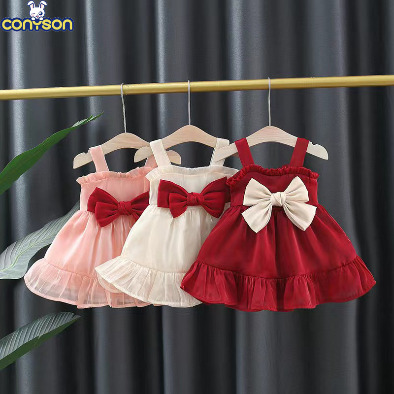 Conyson High Quality Summer Cotton Polyester 1-3 Years Old Sleeveless Fashionable Sweet Style Bowknot Girl New Princess Dresses
