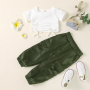 Conyson White Short Sleeve Pullover Baggy Sweatpants Sweats Ruffle Square Collar Crop Top  Leather Long Pants Girl 2Pcs Suit