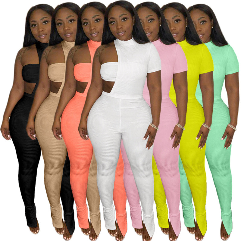 Custom Summer Solid Color Women Bodysuit Strapless Split Pants Two Piece Sets Irregular Casual Style Jumpsuit