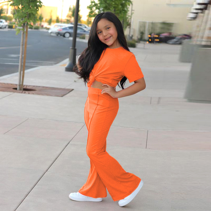 Conyson 2023 Custom New Arrive Hot Sale Fashion Solid Color Designer Boutique Outdoor Flared Pants Girl Kids Clothing Shirt Sets