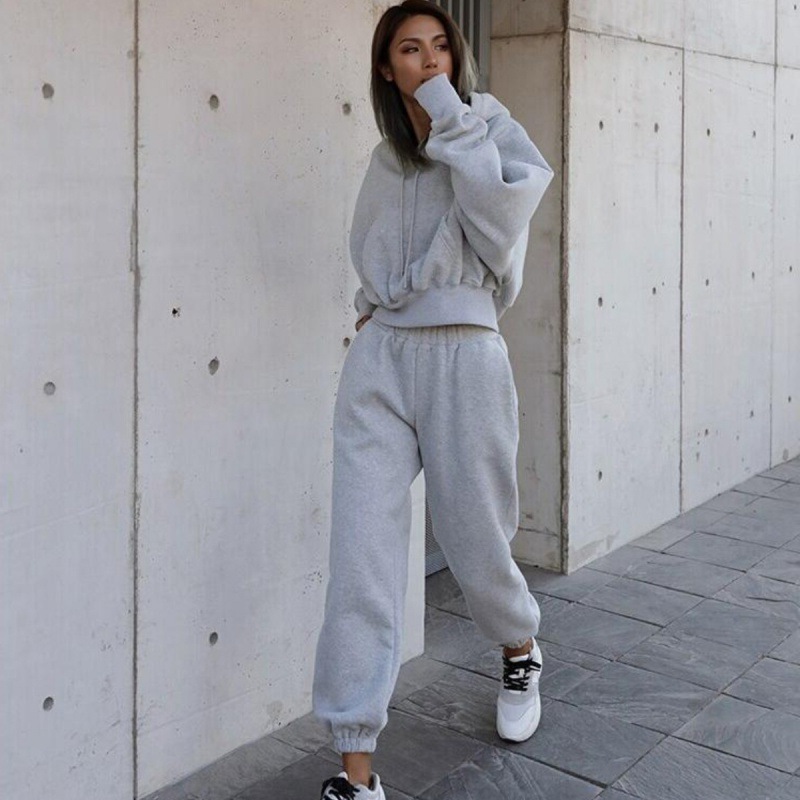 Hot Sale High Quality Custom Long Sleeve Tracksuit Sport Gym Pullover Plain Crop Top 2 Pieces Jogging Oversized Women's  Set