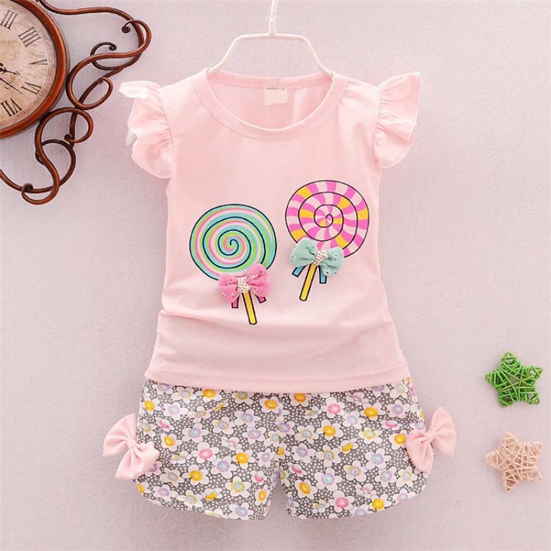 Conyson High Quality Bow Floral Patterns Little Girls Clothing 2 Piece Sets Cartoon Printing Cotton Shorts Kids Clothing