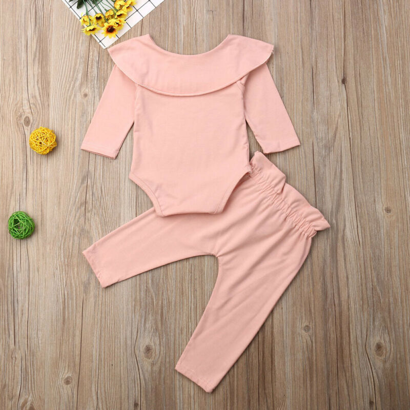 Conyson Toddler Kids Baby Girl Ruffle Bodysuit Romper Top Solid Bowknot Pants Trousers Autumn Cotton Long Sleeve Outfit Clothes