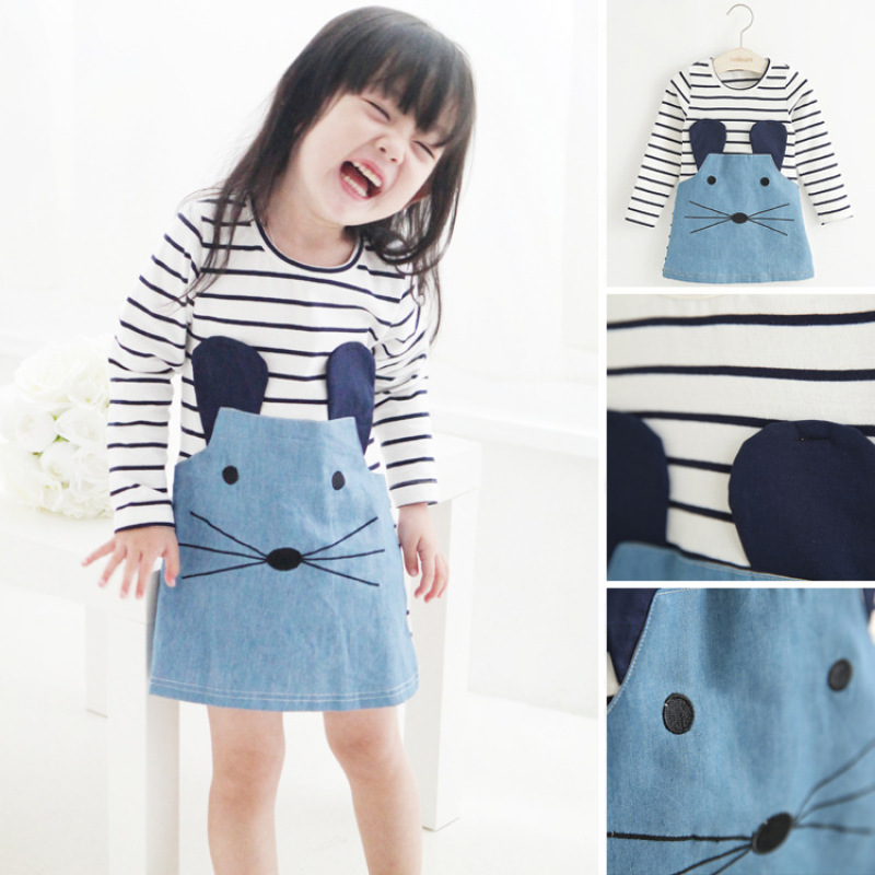Wholesale Cute Cartoon Striped Toddler Girls Dresses Kids Girl Cotton Long Sleeve Dress