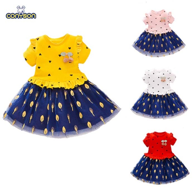 Wholesale High Quality Conyson Summer Cute Knit Patchwork Mesh Skirt Heart Design Little Girls Princess Fluffy Dress
