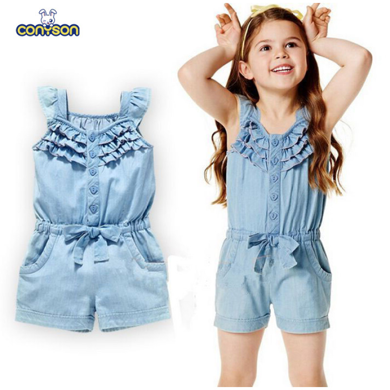 Conyson High Quality Euramerican Summer New Small Fly Sleeve Denim Overalls Kids Clothes Short Trousers Toddler Girls Suspender